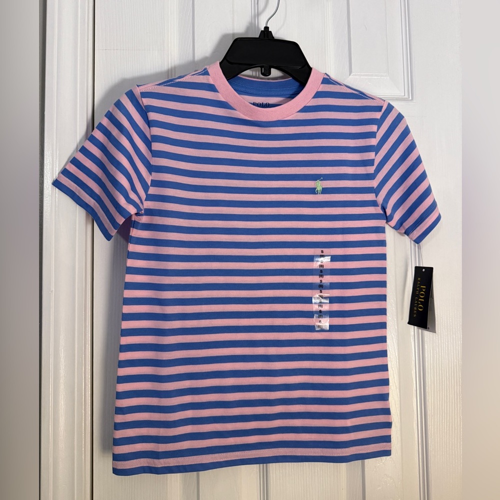 Boys size small - Polo Ralph Lauren Blue and Pink Striped Tee